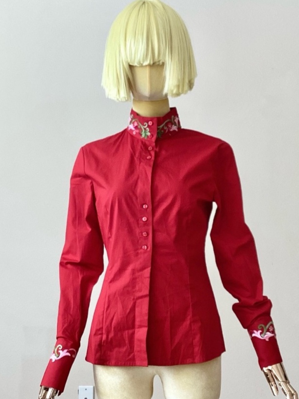 Naracamicie Red Button-Down Shirt with Embroidered Collar & Cuffs